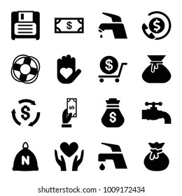 Save icons. set of 16 editable filled save icons such as sack, money, payment, dollar, tap, heart on hand, diskette, lifebuoy, money sack