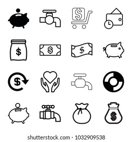 Save icons. set of 16 editable outline save icons such as piggy bank, dollar, lifebuoy, money, tap, sack, money box, hand with heart, wallet