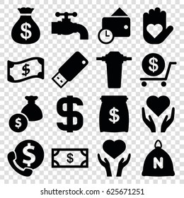 Save icons set. set of 16 save filled icons such as sack, Money, Money sack, dollar, heart on hand, usb drive, tap, wallet, crown, bank support
