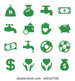 Save icons set. set of 16 save filled icons such as sack, money, tap, heart on hand, wallet, dollar, lifebuoy, money sack, crown, money box