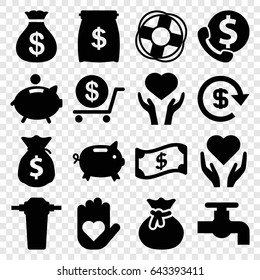 Save icons set. set of 16 save filled icons such as money sack, dollar, tap, heart on hand, piggy bank, money sack, lifebuoy, crown, sack, money box, bank support