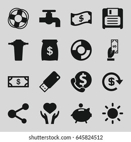Save icons set. set of 16 save filled icons such as money, payment, tap, heart on hand, share, diskette, usb drive, contrast, piggy bank, dollar, lifebuoy, money sack, crown
