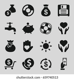 Save icons set. set of 16 save filled icons such as money, money sack, payment, dollar, tap, heart on hand, diskette, contrast, piggy bank, lifebuoy, money bag, sack