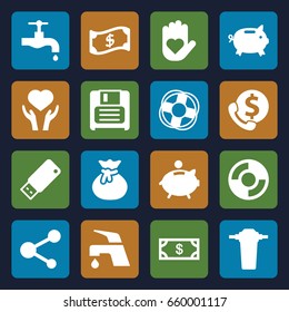 Save icons set. set of 16 save filled icons such as money, tap, heart on hand, share, diskette, usb drive, piggy bank, lifebuoy, crown, sack, money box