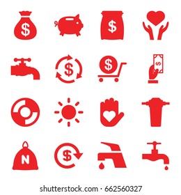 Save icons set. set of 16 save filled icons such as sack, money, money sack, payment, dollar, tap, heart on hand, contrast