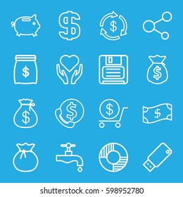 save icons set. Set of 16 save outline icons such as Money, Money sack, dollar, tap, share, diskette, usb drive, lifebuoy, sack, crown, bank support