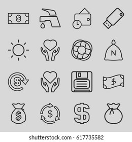 Save icons set. set of 16 save outline icons such as sack, Money, tap, heart on hand, diskette, usb drive, contrast, wallet, dollar, money sack, lifebuoy, crown