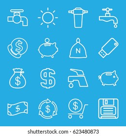 Save icons set. set of 16 save outline icons such as sack, Money, Money sack, dollar, tap, diskette, usb drive, contrast, piggy bank, money box, crown