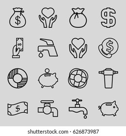 Save icons set. set of 16 save outline icons such as Money sack, Payment, tap, heart on hand, piggy bank, dollar, lifebuoy, sack, money box, crown, bank support