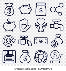 Save icons set. set of 16 save outline icons such as money, money sack, dollar, tap, heart on hand, share, diskette, piggy bank