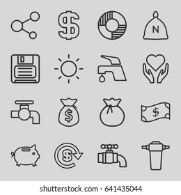 Save icons set. set of 16 save outline icons such as sack, tap, share, diskette, contrast, dollar, lifebuoy, money sack, money box, crown