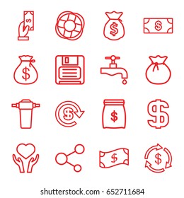 Save icons set. set of 16 save outline icons such as money, money sack, payment, tap, heart on hand, share, diskette, dollar, money sack, lifebuoy, sack