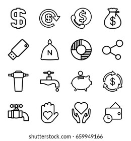 Save icons set. set of 16 save outline icons such as sack, money, money sack, tap, share, usb drive, piggy bank, wallet, dollar, lifebuoy, bank support, hand with heart