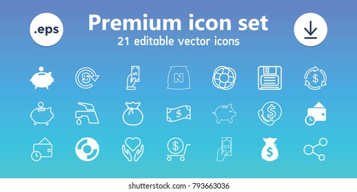 Save icons. set of 21 editable outline save icons includes piggy bank, wallet, lifebuoy, money sack, money, payment, dollar, tap, sack, hand with heart, bank support, share