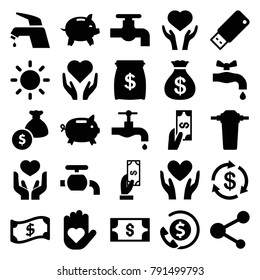 Save icons. set of 25 editable filled save icons such as money, money sack, payment, tap, hand with heart, heart on hand, share, usb drive, contrast, crown