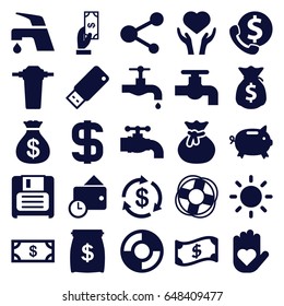 Save icons set. set of 25 save filled icons such as money, money sack, payment, tap, heart on hand, share, diskette, usb drive, contrast, wallet, dollar, lifebuoy, crown, sack
