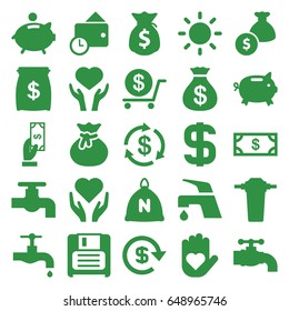 Save icons set. set of 25 save filled icons such as sack, money, money sack, payment, dollar, tap, heart on hand, diskette, contrast, piggy bank, wallet