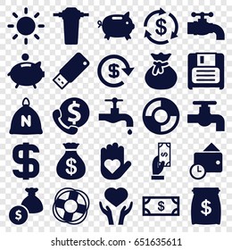 Save icons set. set of 25 save filled icons such as sack, money, money sack, payment, tap, heart on hand, diskette, usb drive, contrast, piggy bank, wallet, dollar, lifebuoy