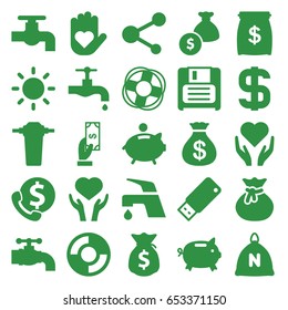 Save icons set. set of 25 save filled icons such as sack, money sack, payment, tap, heart on hand, share, diskette, usb drive, contrast, piggy bank, dollar, lifebuoy