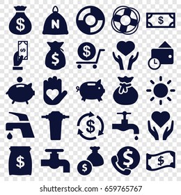 Save icons set. set of 25 save filled icons such as sack, money, money sack, payment, dollar, tap, heart on hand, contrast, piggy bank, wallet, lifebuoy, crown, bank support