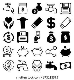 Save icons set. set of 25 save filled and outline icons such as money, money sack, payment, diskette, usb drive, tap, piggy bank, dollar, crown, share, hand with heart