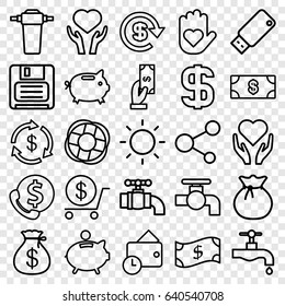 Save icons set. set of 25 save outline icons such as money, money sack, payment, dollar, tap, heart on hand, share, diskette, usb drive, contrast, piggy bank, wallet, lifebuoy