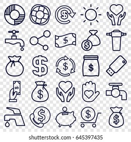 Save icons set. set of 25 save outline icons such as money, money sack, payment, dollar, tap, heart on hand, share, usb drive, contrast, piggy bank, lifebuoy, sack, crown