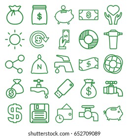 Save icons set. set of 25 save outline icons such as sack, money, money sack, payment, tap, heart on hand, share, diskette, usb drive, contrast, piggy bank, wallet, dollar