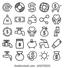 Save icons set. set of 25 save outline icons such as sack, money, money sack, payment, dollar, tap, heart on hand, share, usb drive, contrast, piggy bank, wallet, lifebuoy