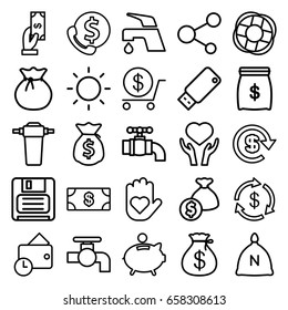 Save icons set. set of 25 save outline icons such as sack, money, money sack, payment, dollar, tap, heart on hand, share, diskette, usb drive, contrast, piggy bank, wallet