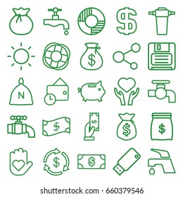 Save icons set. set of 25 save outline icons such as sack, money, money sack, payment, tap, heart on hand, share, diskette, usb drive, contrast, wallet, dollar, lifebuoy