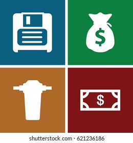 Save icons set. set of 4 save filled icons such as Money, diskette, tap