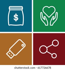Save icons set. set of 4 save outline icons such as share, usb drive, money sack