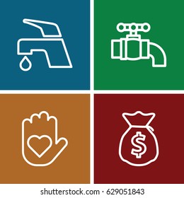 Save icons set. set of 4 save outline icons such as tap, money sack