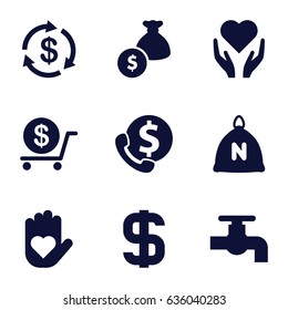 Save icons set. set of 9 save filled icons such as sack, money, dollar, tap, money bag, bank support, hand with heart