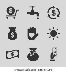 Save icons set. set of 9 save filled icons such as money, payment, dollar, tap, contrast, money sack, crown, sack
