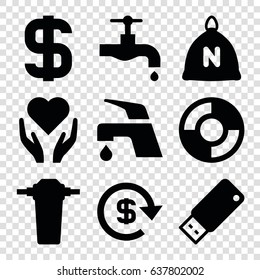 Save icons set. set of 9 save filled icons such as sack, tap, usb drive, dollar, lifebuoy