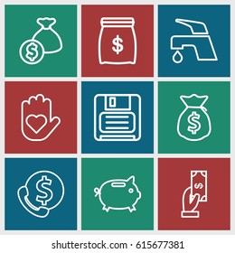 Save icons set. set of 9 save outline icons such as Payment, tap, diskette, money sack, money box, bank support, heart on hand