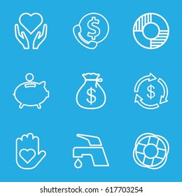 Save icons set. set of 9 save outline icons such as Money, Money sack, tap, piggy bank, lifebuoy, bank support, hand with heart