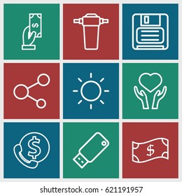 Save icons set. set of 9 save outline icons such as Payment, heart on hand, share, diskette, usb drive, contrast, tap, crown