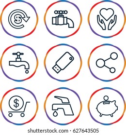 Save icons set. set of 9 save outline icons such as dollar, tap, share, usb drive, piggy bank