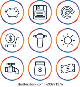 Save icons set. set of 9 save outline icons such as dollar, diskette, contrast, tap, money box, money sack
