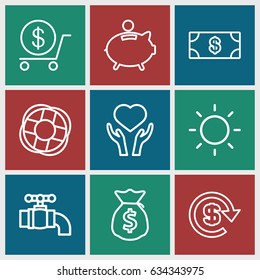 Save icons set. set of 9 save outline icons such as money, dollar, heart on hand, contrast, tap, piggy bank, money sack