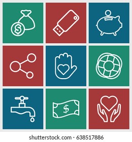 Save icons set. set of 9 save outline icons such as tap, share, usb drive, piggy bank, lifebuoy, crown, hand with heart, heart on hand