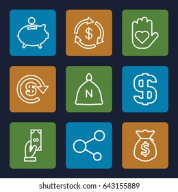 Save icons set. set of 9 save outline icons such as sack, money, payment, share, piggy bank, dollar, money sack