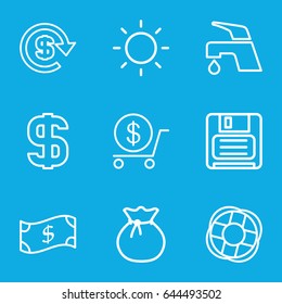 Save icons set. set of 9 save outline icons such as dollar, tap, diskette, contrast, lifebuoy, sack