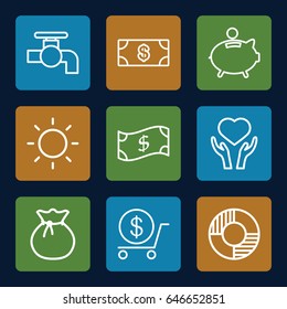 Save icons set. set of 9 save outline icons such as money, dollar, tap, heart on hand, contrast, piggy bank, lifebuoy, sack