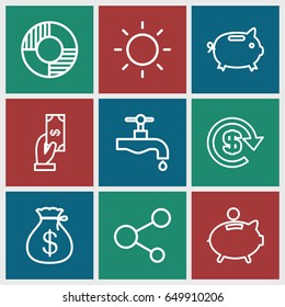 Save icons set. set of 9 save outline icons such as money sack, payment, tap, share, contrast, piggy bank, dollar, lifebuoy