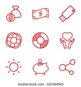 Save icons set. set of 9 save outline icons such as heart on hand, share, usb drive, contrast, piggy bank, lifebuoy, crown