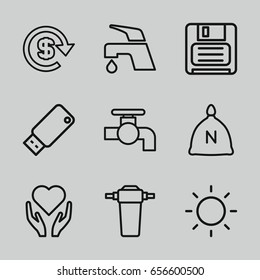 Save icons set. set of 9 save outline icons such as sack, tap, diskette, usb drive, contrast, dollar
